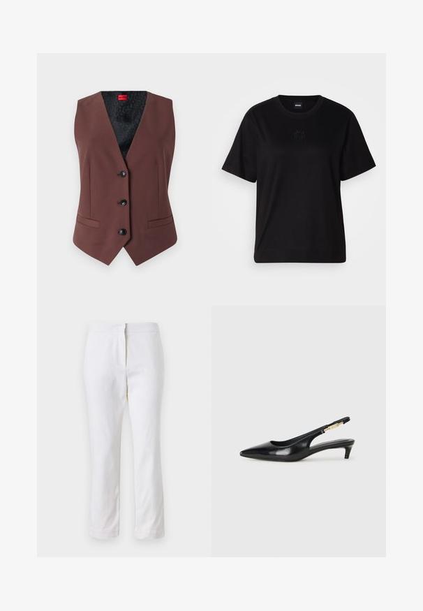 Rjav telovnik po meri z V-izrezom, petimi črnimi gumbi, dvema stranskima žepoma in vzorčeno črno notranjostjo.; Črna bombažna majica s krožnim izrezom, kratkimi rokavi in izvezenim logotipom na prsih. Preprosta, sproščena silhueta brez vzorcev.; Beli bombažne hlače s ravnim krojem, srednje visoko pasom, brez vidnih kovinskih elementov ali vzorcev. Gladka textura po vsej površini.; Črne usnjene sandale na peto z ostro konico, ki imajo tanko peto in zlat ton na nastavljivem traku. Gladka tekstura.