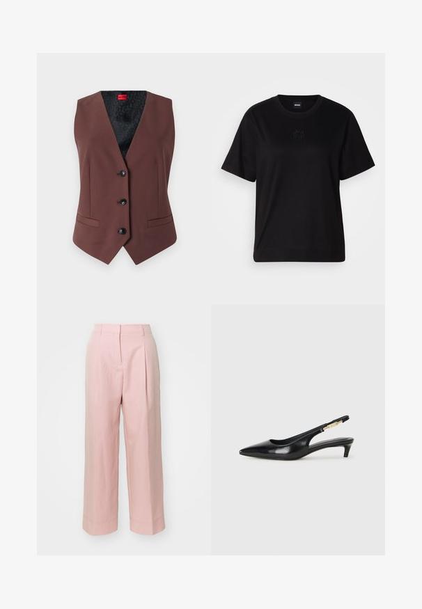 Brun skræddersyet vest med V-udskæring, fem sorte knapper, to sidelommer og et mønstret sort indvendigt for.; Sort bomulds t-shirt med rund halsudskæring, korte ærmer og et broderet logo på brystet. Enkel, afslappet pasform uden mønstre.; Lyserøde bukser med vidde, høj talje, frontfolder og syede detaljerne i kanten. Fremstillet af glat, letvægtigt stof.; Sorte læder slingback hæle med spids tå, der har en slank hæl og en guldfarvet detalje på den justerbare rem. Glat tekstur.