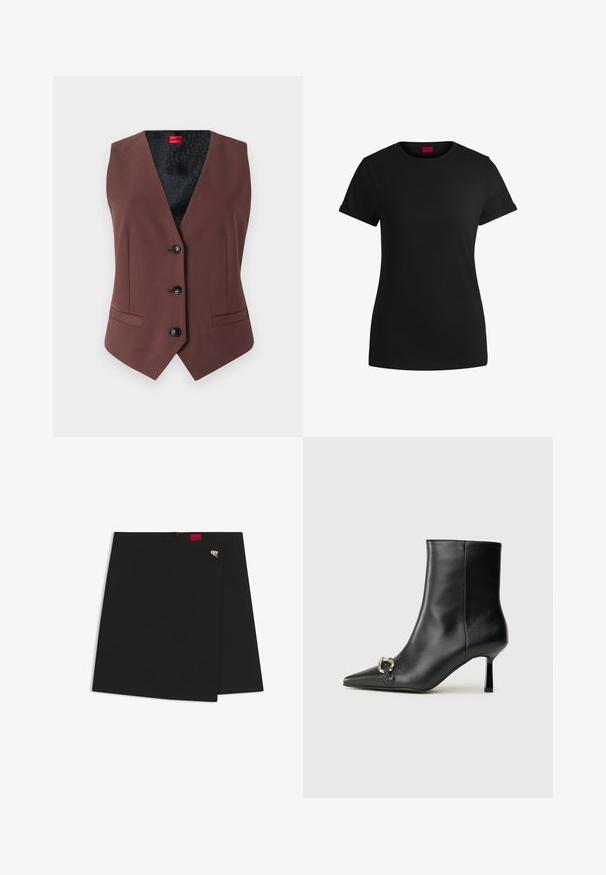 Gilet marrone su misura con scollo a V, cinque bottoni neri, due tasche laterali e una fodera interna nera a fantasia.; T-shirt in cotone nero con maniche corte arrotolate, scollatura rotonda e etichetta rossa. Texture liscia, forma aderente con dettagli minimi.; Gonna nera avvolgente con una texture liscia, caratterizzata da un'etichetta rossa e un accessorio in metallo argento. Design semplice con un taglio pulito.; Stivale alla caviglia in pelle nera con punta affusolata, tacco sottile di media altezza e dettaglio in fibbia argentata sul lato, su sfondo semplice.