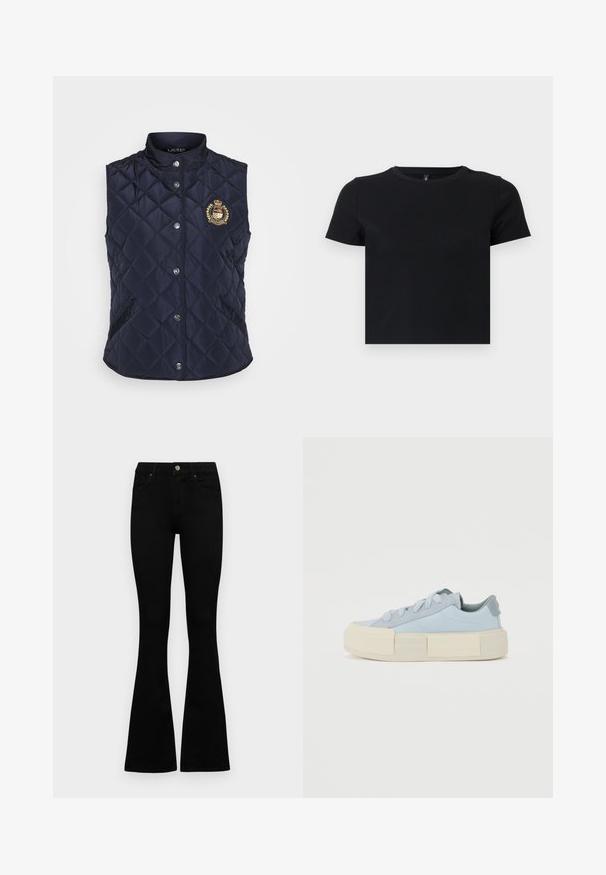 Tengerészkék steppelt mellény magas gallérral, ezüst színű patentgombokkal és hímzett címerrel a bal mellen. Oldalsó zsebekkel ellátva.; Fekete, rövid ujjú póló, puha pamutból készült. Kerek nyakkivágással és testhezálló kialakítással rendelkezik. Sima textúra, minta vagy díszítések nélkül.; Fekete, magas derekú farmernadrág gomb- és cipzárzárral, elülső zsebekkel és harangszárral, laposan egy fehér háttérre terítve.; Világoskék vászon sportcipők vastag, krémszínű gumitalppal, lekerekített fűzőkkel, sima textúrájú dizájnnal és apró kiegészítőkkel.