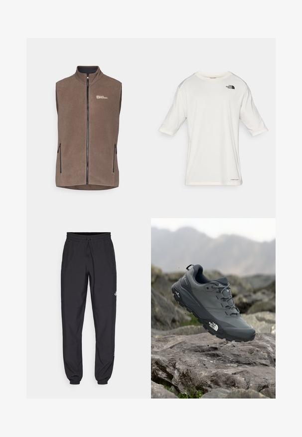 Prsluk od flisa u tamnosmeđoj boji s visokim ovratnikom, prednjim zatvaračem i dva bočna džepa sa zatvaračem. Sadrži logotip na lijevoj strani prsiju.; Bijela kratkotrajna majica s kratkim rukavima i okruglim izrezom, s logotipom The North Face na lijevoj strani prsiju i tekstom "Lightrange" blizu donjeg ruba.; Crne sportske hlače od lagane tkanine, s pojasom na vezanje, bočnim džepovima i suženim manžetama na gležnjevima.; Sive trail trkačka cipela s teksturiranim gornjim dijelom, izdržljivom gumenom potplatom i ojačanim vrhom. Ima vezice i logotip branda sa strane.
