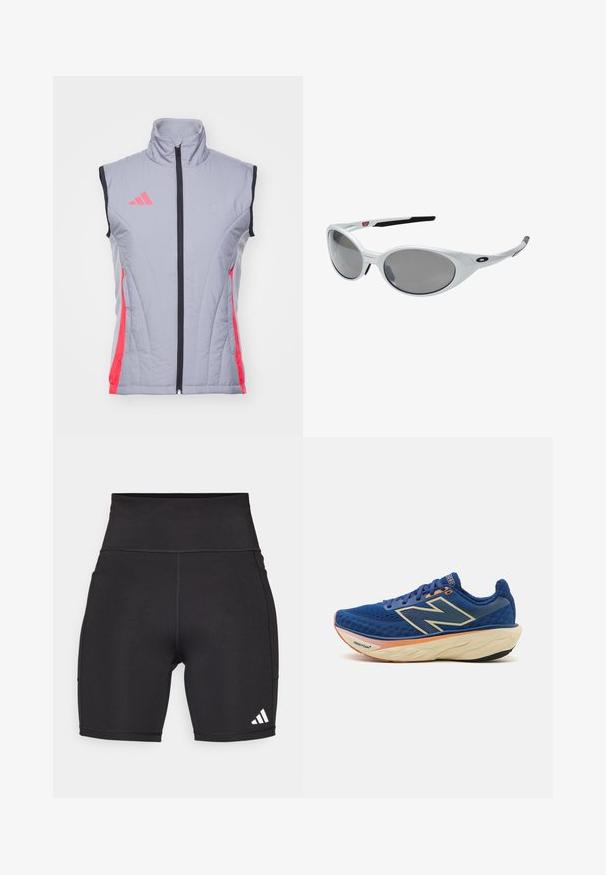 Gray sleeveless vest with a high collar, black accents, front zipper, and pink side panels. Features the Adidas logo in pink on the left chest.; Black athletic tank top made of lightweight fabric. Features a round neckline, racerback design, and a small white logo on the front.; Black athletic shorts made of stretchy fabric. High waistband, mid-thigh length, with white three-stripe logo on the lower left side.; Blue running shoe featuring a breathable mesh upper, padded collar, and a cushioned sole with an orange accent. "Fresh Foam" branding visible.; White plastic sunglasses with large oval lenses, gray tinted. Features black ear grips and a small logo on the frame. Smooth finish.