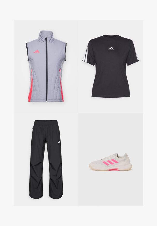 Grå ærmeløs vest med høj krave, sorte detaljer, lynlås foran og pink sidepaneler. Har Adidas-logoet i pink på venstre bryst.; Sort atletisk T-shirt lavet af blødt stof, med rund halsudskæring, korte ærmer og tre hvide striber på hver skulder. Hvidt logo på brystet.; Sorte, letvægts, vandtætte bukser med elastisk talje, sidelommer og justerbare manchetter. Har et hvidt logo på venstre lår.; Lys grå sportsko med pink accenter og tre striber. Har en mesh-overdel, polstret tunge og gummisål med trækkraft.