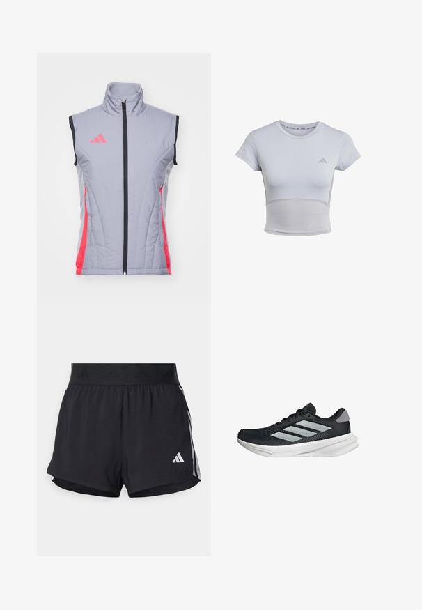 Szary bezrękawnik z wysokim kołnierzem, czarnymi akcentami, zamkiem z przodu i różowymi panelami bocznymi. Posiada logo Adidas w różowym kolorze na lewej piersi.; adidas Performance - Koszulka sportowa; Czarne sportowe szorty z elastycznym paskiem w talii, z teksturowanym pasem, bocznymi paskami oraz białym logo Adidas na dolnym brzegu.; Czarny but biegowy z siateczkowym wierzchem, trzema srebrnymi paskami, białą podeszwą środkową i teksturowaną podeszwą zewnętrzną. Posiada wyściełany kołnierz i zapięcie na sznurówki.