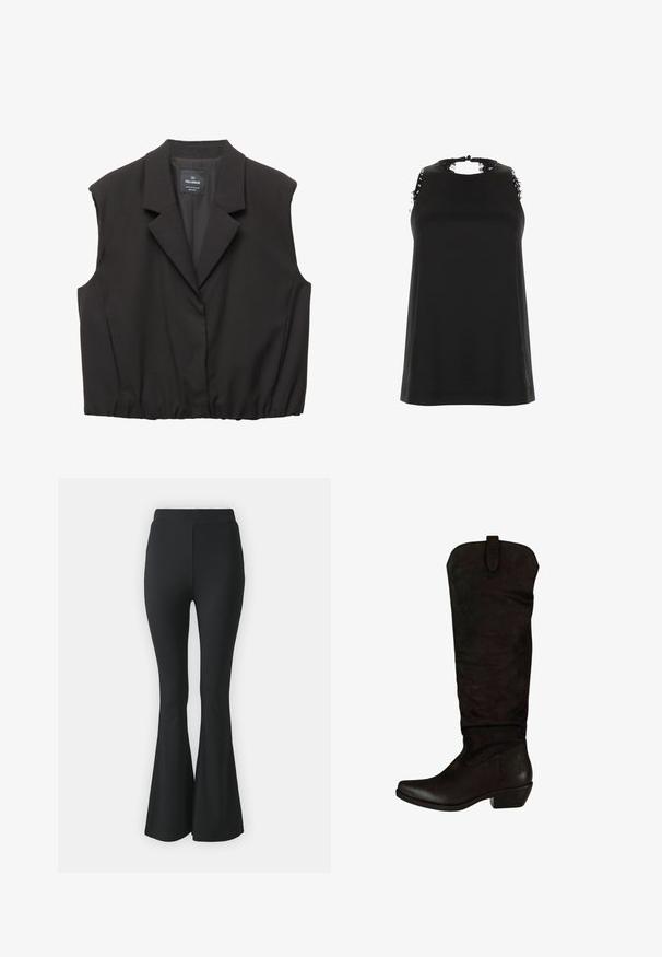 Gilet senza maniche nero con rever a punta, chiusura con bottoni, orlo elasticizzato e etichetta Pull&Bear all'interno del colletto.; Top nero senza maniche con collo alto, caratterizzato da accenti in pizzo sfilacciato sulle spalle e una texture liscia e morbida.; Pantaloni neri a campana realizzati in tessuto elastico. Presentano una vita alta e un design liscio e aderente che si allarga dal ginocchio in giù.; Stivali neri in suede al ginocchio con tacco basso, punta tonda e una linguetta superiore per facilitare l'indossamento. Texture liscia in tutto il prodotto.