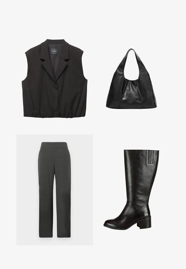Schwarze ärmellose Blazer-Weste mit Reverskragen, Knopfverschluss, elastischem Saum und Pull&Bear-Label im Kragen.; Schwarzes trägerloses Oberteil aus glattem Stoff, das eine taillierte Silhouette mit geradem Ausschnitt und ohne zusätzliche Verzierungen aufweist.; Dunkelgraue gerade geschnittene Hose mit einem enganliegenden Bund und Seitentaschen, vor einem schlichten hellen Hintergrund präsentiert.; Schwarze Lederstiefel bis zum Knie mit glatter Oberfläche, leicht abgerundeter Zehenpartie und einem niedrigen Blockabsatz. Mit vertikalem Akzentstich am oberen Rand.; Große schwarze Leder-Hobo-Tasche mit glatter Textur, breitem Schultergurt und gerafftem Design an der Basis, ideal für den täglichen Gebrauch.