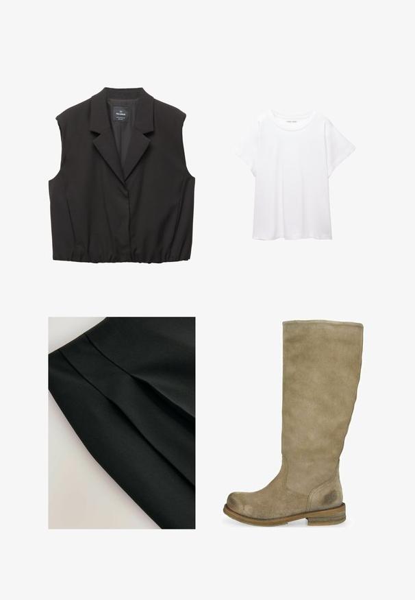 Zwarte mouwloze blazer vest met ingezette revers, knoopsluiting, elastische zoom en Pull&Bear label aan de binnenkant van de kraag.; Witte T-shirt van zacht, lichtgewicht stof. Heeft een ronde halslijn en korte, brede mouwen met een ontspannen pasvorm. Geen zichtbare patronen.; Zwarte rok met plooien, gemaakt van een gladde stof. Heeft een strak ontwerp en een gestructureerd oppervlak, dat de structuur en vorm benadrukt.; Beige suede laarzen tot de knie met een ronde neus en een gemarmerde afwerking. Bruine houten hak, met subtiele logo-details nabij de enkel.