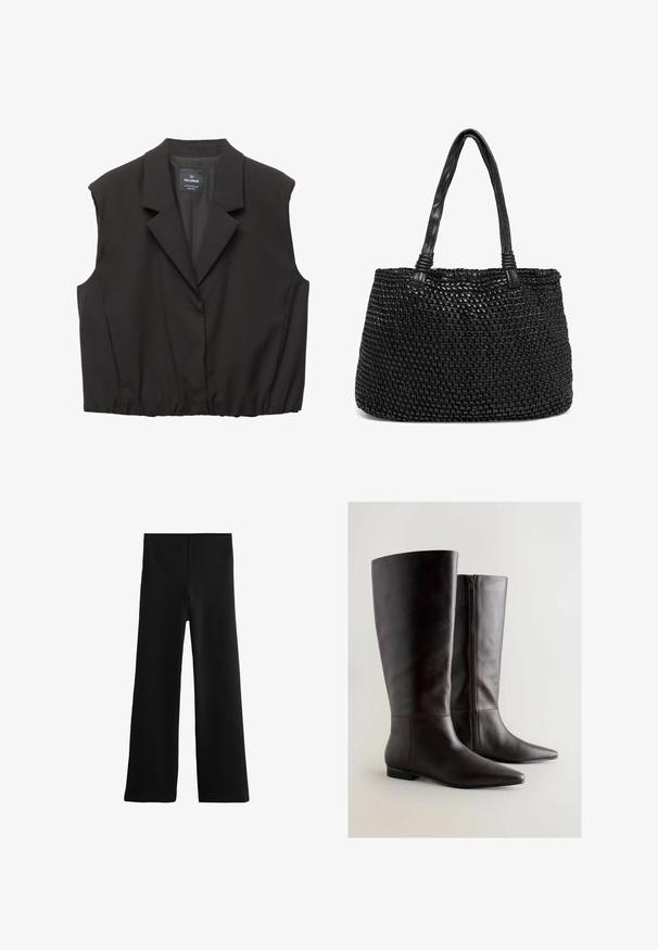 Schwarze ärmellose Blazer-Weste mit Reverskragen, Knopfverschluss, elastischem Saum und Pull&Bear-Label im Kragen.; Weißes T-Shirt aus weichem, leichtem Stoff. Mit runder Halslinie und kurzen, weit geschnittenen Ärmeln für einen lässigen Sitz. Keine sichtbaren Muster.; Schwarze weit geschnittene Hose mit glatter Textur, hohem Bund und ohne sichtbare Verschlüsse. Sauberes Design mit geradem Schnitt.; Ein Paar hohe, dunkelbraune Lederstiefel mit spitz zulaufenden Zehen und seitlichen Reißverschlüssen, vor einem schlichten, hellen Hintergrund präsentiert.; Schwarze geflochtene Tragetasche mit Ledergriffen. Die Textur weist ein geflochtenes Design auf, das eine strukturierte Silhouette und eine langlebige Verarbeitung präsentiert.