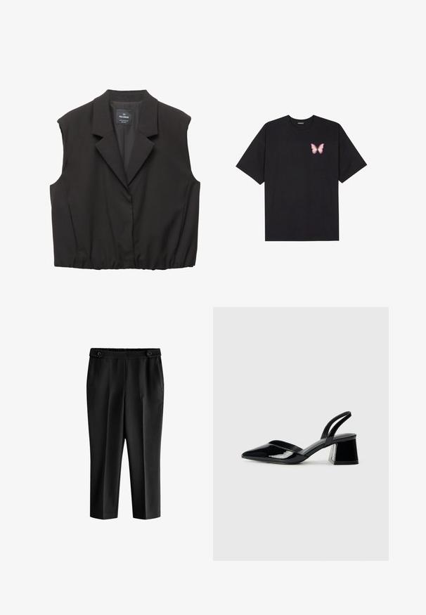 Čierny bezrukávový blejzer s výstrihom do "V", zapínaním na gombík, elastickým lemom a štítkom Pull&Bear vo vnútri goliera.; Čierne bavlnené tričko s krátkymi rukávmi, s malým ružovým motýlikom na ľavej hrudi. Design s okrúhlym výstrihom a uvoľneným strihom.; Čierne skrátené nohavice s voľným strihom, elastickým pásom a dvoma prednými vreckami. Tkanina má hladkú textúru s mierne lesklým povrchom.; Čierne lakované kožené sandálové podpätky s špicatou špičkou a geometrickým blokovým podpätkom. Disponujú elegantným, minimalistickým dizajnom a hladkým povrchom.