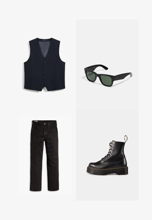 Marineblaue Weste aus glattem Stoff, mit V-Ausschnitt, fünf Knöpfen, zwei Fronttaschen und einem eleganten, ärmellosen Design.; Schwarzes Tanktop mit Rundhalsausschnitt und breiten Schulterträgern. Aus weichem Stoff gefertigt, mit glatter Textur und schlichtem Design.; Schwarze gerade Jeans aus Denim mit fünf Taschen, Knopfverschluss und Gürtelschlaufen, flach auf einem weißen Hintergrund ausgelegt.; Schwarze Leder-Schnürstiefel mit knöchelhohem Schaft, einer robusten schwarzen Sohle und gelben Nähten. Verfügt über eine Lasche hinten und runde Metallösen.; Schwarze rechteckige Sonnenbrille mit grünen Gläsern, matte Oberfläche, dezente Hardware-Akzente und eingeprägtes Logo am Schläfenbereich.