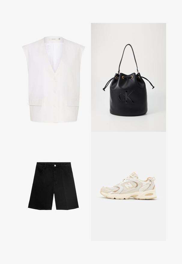 Biele bezrukávové sako s hlbokým výstrihom do V, tromi gombíkmi, dvoma prednými vreckami a hladkým povrchom. Jednoduchý dizajn s upravenými hranami.; Biela skrátená tričko vyrobené z rebrovanej látky. Má okrúhly výstrih a krátke rukávy. Čierne vyšívané logo "cK" na hrudi.; Čierne džínsy s rovnými nohavicami, piatimi vreckami a strieborným gombíkom na zapínanie. Hladká textura s minimálnymi detailmi šitia.; Bežové športové topánky s sieťovinou a syntetickými prekrytiami, s textúrovaným povrchom, polstrovaným golierom a odpružením "ABZORB" na päte.; Čierna kožená vedierková taška so sťahovacím uzáverom, so lesklým logom "CK" na prednej strane a zlatými kovovými detailmi.