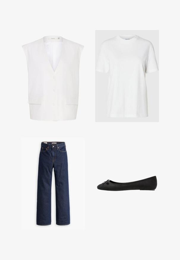 Balts bez piedurknēm vestes ar dziļu V veida kakla izgriezumu, trim pogām, divām priekšējām kabatām un gludu auduma apdares. Vienkāršs dizains ar piegriezuma malām.; Balts kokvilnas t-krekls ar īsām piedurknēm un apaļu kakla izgriezumu. Iezīmē relaksētu piegriezumu un minimālu dizainu bez rakstiem vai akcentiem.; Tumši zili taisni džinsi ar piecām kabatām, oranžām šuvēm un pogu aizdari.; Melni zamšaini balerīni ar noapaļotu pirkstu, priekšpusē ar dekoratīvu loku un plakanu zoli. Gluda tekstūra un klasiskas formas.