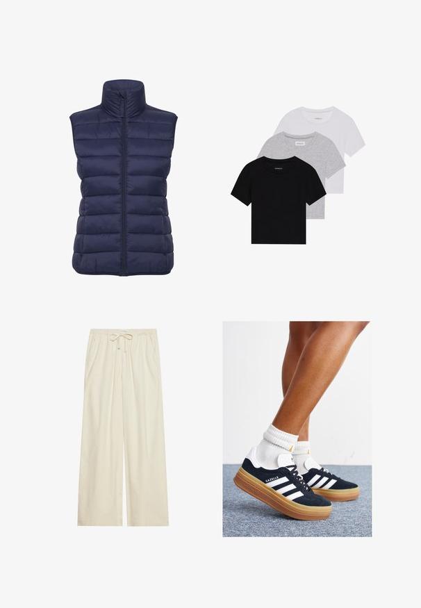 Chaleco acolchado azul marino con cuello alto, patrón de acolchado horizontal, cierre frontal con cremallera y sin mangas. Tela ligera e aislante.; Conjunto de tres camisetas de manga corta en negro, gris y blanco. Están hechas de algodón, cuentan con cuello redondo y un diseño simple de un solo color.; Pantalones anchos de crema clara con cinturilla elástica y cordón, que presentan bolsillos laterales y un tejido texturizado.; Zapatillas deportivas de gamuza negra con rayas y detalles blancos, puntera redondeada, suela de goma color caramelo, combinadas con calcetines blancos acanalados a la altura del tobillo.