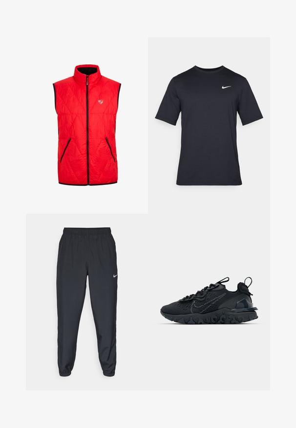 Red padded vest with a high collar, featuring black zippered side pockets and a geometric quilted pattern. Logo on the left chest.; Black short-sleeve Nike t-shirt made of smooth fabric, featuring a white swoosh logo on the upper left side, crew neckline.; Black track pants made from lightweight fabric with an elastic waistband, ankle cuffs, and a discreet Nike logo on the left side.; Black athletic shoe with a breathable mesh upper, textured accents, and a wavy rubber sole. Features reflective logo and lacing system.