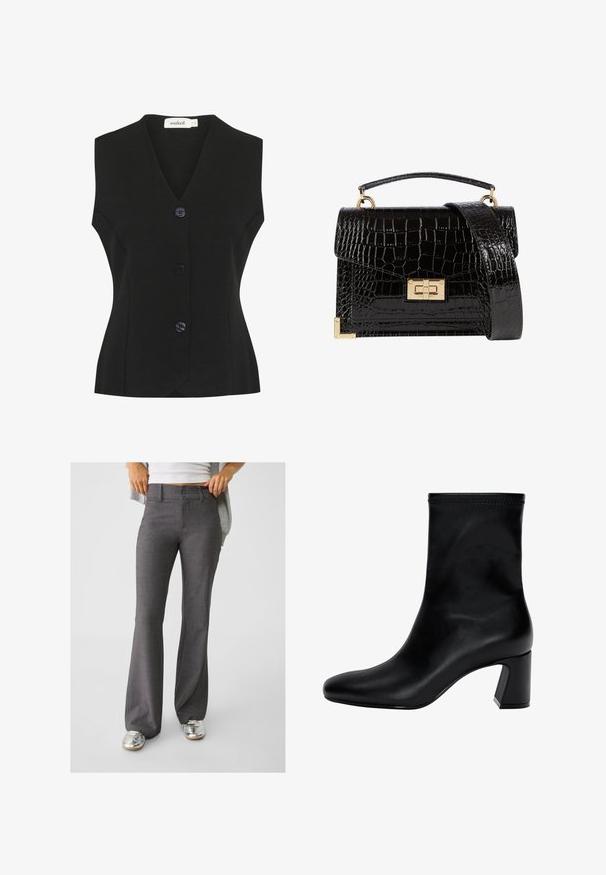 Schwarzes ärmelloses Oberteil mit V-Ausschnitt, das mit vier großen, runden Knöpfen sowie einer taillierten Form versehen ist. Strukturierter Strickstoff.; Weißer Pullover mit langen Ärmeln, geripptem Muster, runder Halslinie und tailliertem Design. Verfügt über dezente Nähte auf dem Körper.; Graue, ausgestellte Hosen aus strukturiertem Stoff, mit einer Zwei-Knopf-Verschluss und Gürtelschlaufen, kombiniert mit glänzenden silbernen Sneakers.; Schwarzer Knöchelstiefel aus glattem Leder. Mit quadrater Zehenpartie, elastischem Schaft und einem stabilen Blockabsatz. Minimalistisches Design.; Schwarz lackierte Handtasche mit Krokodilstruktur, goldfarbenen Hardware, einem oberen Griff und einem abnehmbaren Schulterriemen. Rechteckige Form mit Klappenverschluss.