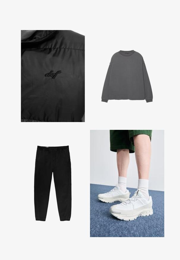 DEF PUFFER - Vestă - black; Sweatshirt gri cu mânecă lungă, guler rotund, umeri lăsați și mâneci cu manșete. Textură moale, design minimalist și fără modele vizibile.; Pantaloni negri cu talie elastică și șnur, cu picioare conice, buzunare laterale și detalii subtile de coasere pe laterale. Textură moale din bumbac.; Pantofi sport albi cu suprapuneri texturate, talpă masivă și accente gri. Purtați cu șosete albe până la glezne și pantaloni scurți verzi pe o suprafață albastră.