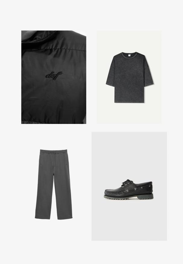 DEF PUFFER - Kamizelka; Przesadnie duża, krótka koszulka w ciemnoszarym kolorze, wykonana z bawełny. Posiada okrągły dekolt oraz widoczne szwy wzdłuż krawędzi.; Ciemnoszare spodnie dresowe o szerokich nogawkach, z elastycznym paskiem, sznurkiem i dwoma bocznymi kieszeniami, wyeksponowane na białym tle.; Czarne teksturowane buty na sznurówki z okrągłym noskiem, metalowymi oczkami i szorstką, szaro-rubbertową podeszwą. Posiadają pleciony wzór na cholewce.