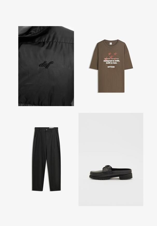 DEF PUFFER - Vest - black; Brun bomulds T-shirt med korte ærmer, der har grafisk tekst og stjerner i kontrasterende farver. Lige snit med rund halsudskæring.; Sorte bomuldsbukser med en afslappet pasform, der har en klassisk talje, frontfolder og sidelommer. Glat tekstur uden mønstre.; Sorte læderslipsko med snøre-detalje, rund tå og tekstureret sål. Har en let hævet hæl og glat overflade.