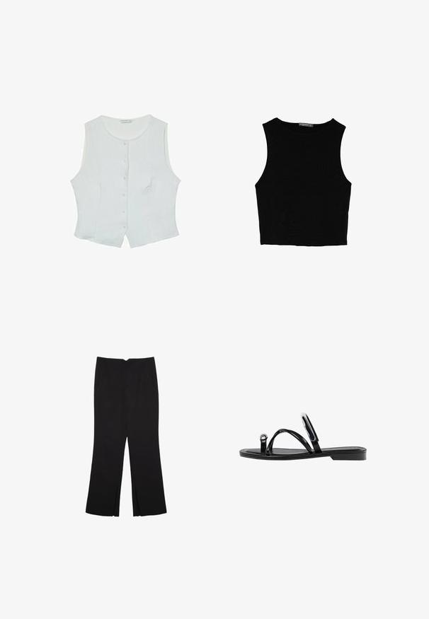 Biela bezramenná blúzka vyrobená z ľahkého materiálu, so zaobleným výstrihom a predným zapínaním na gombíky s mierne zakriveným lemom.; Čierny bezrukávový crop top vyrobený z hladkej tkaniny, so zaobleným výstrihom a čistým, jednoduchým dizajnom bez vzorov alebo kovania.; Čierne nohavice so strihom rovného strihu, s prednými vreckami a bočnými rozparkami na leme. Vyrobené z mäkkej, hladkej tkaniny. Vhodné na rôzne príležitosti.; Čierne ploché sandále s lesklým povrchom, tromi tenkými popruhmi a okrúhlou kovovou ozdobou na prste. Elegantný dizajn s minimálnym podpätkom.