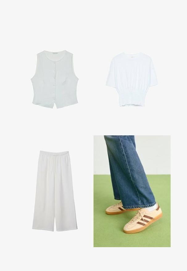 Bílá bezrukávová blůza vyrobená z lehkého materiálu, s kulatým výstřihem a předním zapínáním na knoflíky, s mírně zakřiveným lemem.; Bílý tričko s krátkým rukávem, se volným střihem a nařasenou texturou v pase. Vyrobeno z měkkého, lehkého materiálu.; Bílé kalhoty s širokými nohavicemi vyrobené z lehké tkaniny, s elastickým pasem a stahovací šňůrkou pro nastavitelnou velikost. Hladká textura.; Beige tenisky s texturovanými krémovými panely a hnědými pruhy, kombinované s modrými džínovými kalhotami. Džínsy mají široké nohavice a roztrhaný lem.