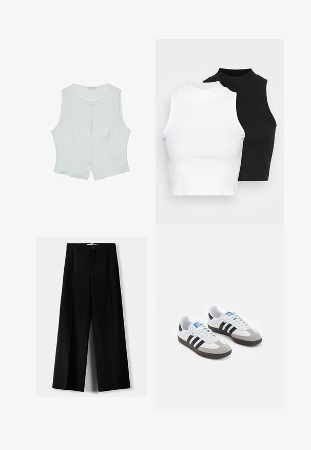 White sleeveless blouse made of lightweight fabric, featuring a round neckline and a front button closure with a slightly curved hemline.; Two sleeveless ribbed turtleneck tops in black and white, featuring a fitted design and smooth texture, with cropped length.; Black wide-leg trousers made of lightweight fabric, featuring a front button closure and flat front, with neatly stitched hems.; Sport shoes with a white leather upper, gray suede toe, and three black stripes. Features a blue logo on the tongue and a textured rubber sole.