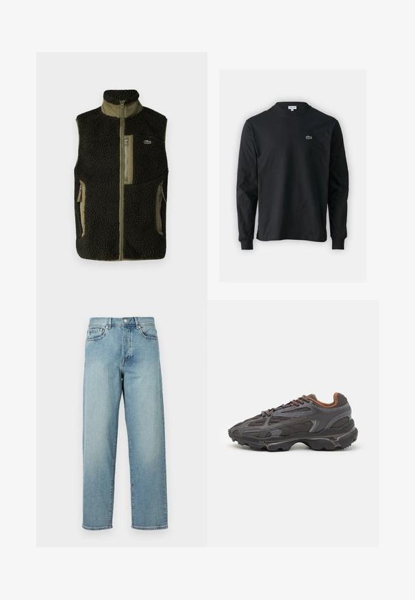 Lacoste Strukirani kaput - sapwood/khaki; Crna majica dugih rukava od pamuka, s okruglim izrezom i malim zelenim izvezenim logotipom krokodila s lijeve strane prsnog dijela.; Svijetloplavi traperice s opuštenim krojem, ravnim nogavicama, dizajnom s pet džepova i kopčanjem na gumbe u struku. Minimalistički detalj šivanja.; Lacoste tenisice u tamno sivoj boji s mrežastim i sintetičkim materijalom, s teksturiranom potplatom i smešnim akcentima na ovratniku i brandiranju.