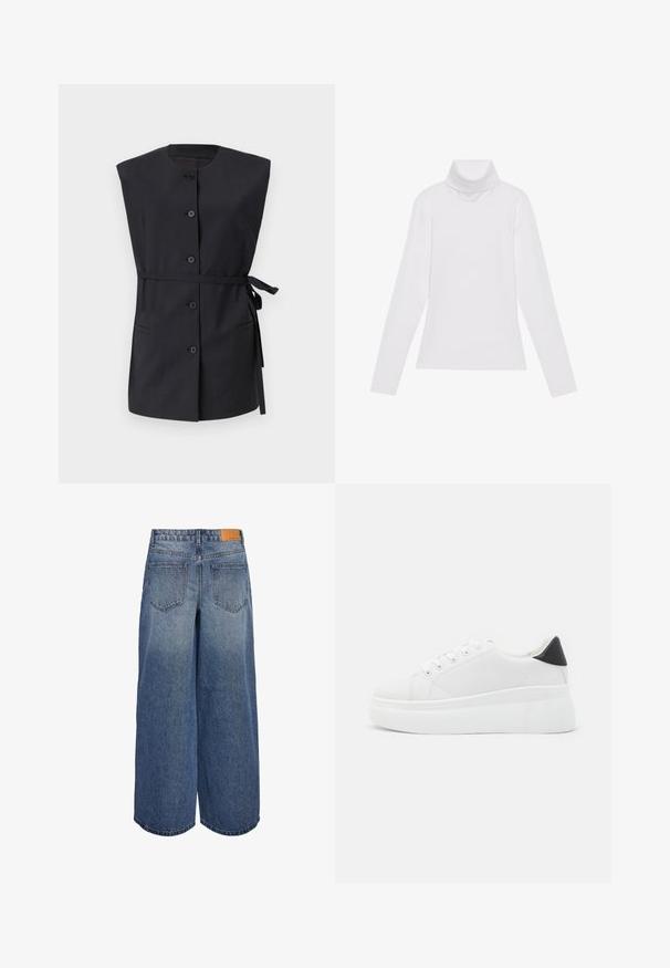 Czarna bezrękawnik z wysokim dekoltem, z przodu zapinany na guziki, z bocznymi kieszeniami i paskiem w talii, uszyty z gładkiego materiału.; Biała bluzka z długim rękawem i golfem, wykonana z gładkiego, elastycznego materiału. Posiada wysoki kołnierz i dopasowany krój, bez widocznych wzorów czy zdobień.; Szerokie dżinsowe kuloty w średnim niebieskim odcieniu z wyblakłą teksturą, z dwoma tylnymi kieszeniami oraz brązową skórzaną metką marki na pasku.; Białe sneakersy na platformie wykonane z gładkiego materiału syntetycznego, z zaokrąglonym noskiem, sznurowanym zapięciem i teksturowaną gumową podeszwą. Czarne akcenty na pięcie.
