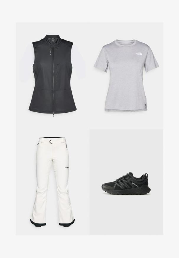 Colete sem mangas preto, feito de um tecido leve e elástico. Apresenta um colarinho alto, fecho de correr à frente e um pequeno bolso no peito.; T-shirt cinza de mangas curtas feito de um tecido suave e que absorve a humidade. Apresenta um decote redondo e um pequeno logotipo branco na parte superior esquerda.; Calças de esqui brancas feitas de um material suave e flexível. Apresenta uma cintura ajustada, pernas largas e evasê, e um acabamento preto nas bainhas. Logotipo da marca visível.; Columbia PEAKFREAK - Sapatos de caminhada - black