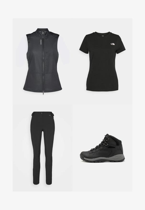 Juodas be rankovių liemenė pagaminta iš lengvos, tamprios medžiagos. Turi aukštą apykaklę, priekinę užtrauktuką ir mažą krūtinės kišenę.; Juodas medvilninis marškinėliai su apvalia apykakle ir trumpomis rankovėmis. Išskirtinis baltas logotipas viršutinėje kairėje pusėje. Sklandus tekstūra, laisvas pritaikymas.; Juodos, prigludusios kelnės, pagamintos iš lankstaus medžiagos. Ypatybės: šoninis kišenės užtrauktuku, suformuotos kelių sritys ir lygi tekstūra.; Juodas žygio botas su vidutinio aukščio dizainu, pasižymintis tekstūruota viršutine dalimi, pilkų akcentų ir patvaria guma padanga su sukibimo gumbais.