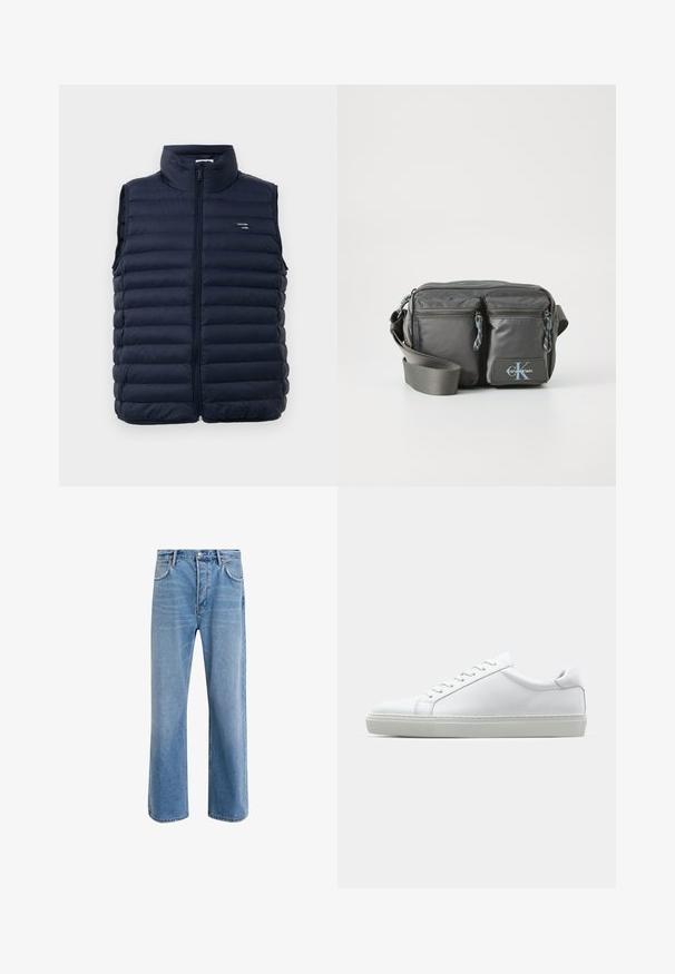 Marineblå puffer vest med høy krage, hel glidelås og quiltet design. Har et logomerke på venstre brystområde. Lett materiale.; Langermet genser med høy hals i lys krembomull. Glatt tekstur, avslappet passform, minimalistisk design, ingen synlige mønstre eller aksenter.; Lys blå denimjeans med rett ben-design, fem lommer, knappeåpning, minimal falming og kontrasterende sømdetaljer.; Hvit sneakers med en glatt skinnoverdel og lav profil. Har en rund tå, seks snøring hull, og en teksturert gummisåle.; Grå nylon crossover-veske med to glidelåslommer foran, justerbar stropp og logoaccent. Glatt tekstur med et moderne design.