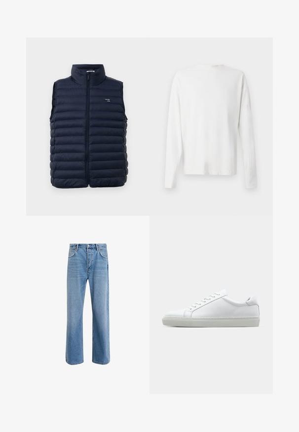 Tumši zils puffer veste ar augstu apkakli, pilnu garuma rāvējslēdzēju un kviltotu dizainu. Iekļauj logotipa birku kreisajā krūtīs. Viegls materiāls.; Garums piedurkņu baltā kokvilnas krekls ar apaļu dekoltē, sānu šķēlumiem apakšā un gludu tekstūru, redzams no aizmugures.; Gai zilas džinsu bikses ar taisnām kājām, piecām kabatām, pogu aizvēršanu, minimālu izbalēšanu un kontrastējošiem šuvju elementiem.; Baltie sporta apavi ar gludu ādas virsu un zemu profilu. Iezīmējas ar noapaļotu purngalu, sešām acīm un teksturētu gumijas zoli.