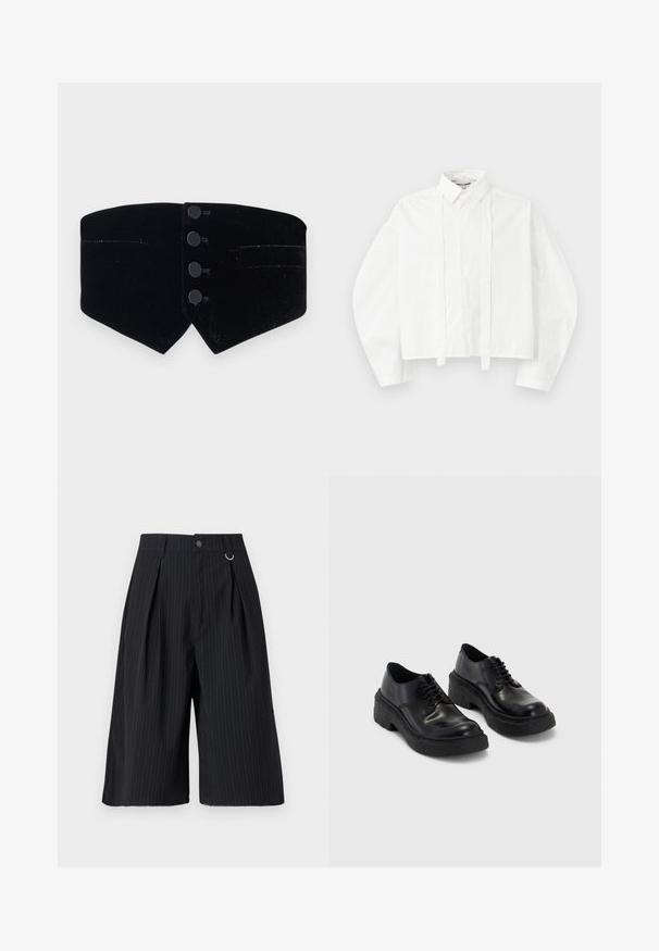 Schwarzer Samtkragen mit tailliertem Design. Verfügt über vier schwarze Knöpfe und einen diagonalen Schnitt, abgerundet mit einem subtilen Glanz und zwei kleinen Taschen.; Weißes, langärmliges Hemd mit Kragen und einem verkürzten Design. Verfügt über eine Vorderblende mit Bändern und eine subtile Logo-Stickerei auf der Brust.; Schwarze Streifenshorts mit Falten, einem Knopfverschluss und einem metallenen Ringakzent. Glattes Gewebe mit maßgeschneiderter Passform und knielangem Design.; Schwarze Lederschuhe mit einer dicken schwarzen Gummisohle, runden Zehen und einem Schnürdesign. Glatte Oberfläche mit dezenten Steppnähten.