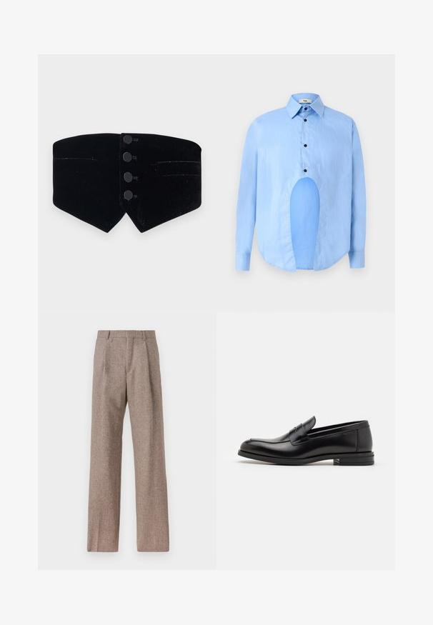 Schwarzer Samtkragen mit tailliertem Design. Verfügt über vier schwarze Knöpfe und einen diagonalen Schnitt, abgerundet mit einem subtilen Glanz und zwei kleinen Taschen.; Himmelblaues Langarmhemd mit spitzem Kragen, schwarzen Knöpfen und einem einzigartigen Ausschnitt vorne für ein markantes Design.; Braune, hochtaillierte Hose aus strukturiertem Stoff. Mit weitem Bein und zwei vorderen Bügelfalten für zusätzliche Form. Saubere Verarbeitung ohne sichtbare Hardware.; Schwarze Lederloafers mit glatter Textur, rundem Zehenbereich und einem dekorativen Riemen über dem Vorderfuß. Niedriger, gestapelter Absatz, minimalistisches Design.