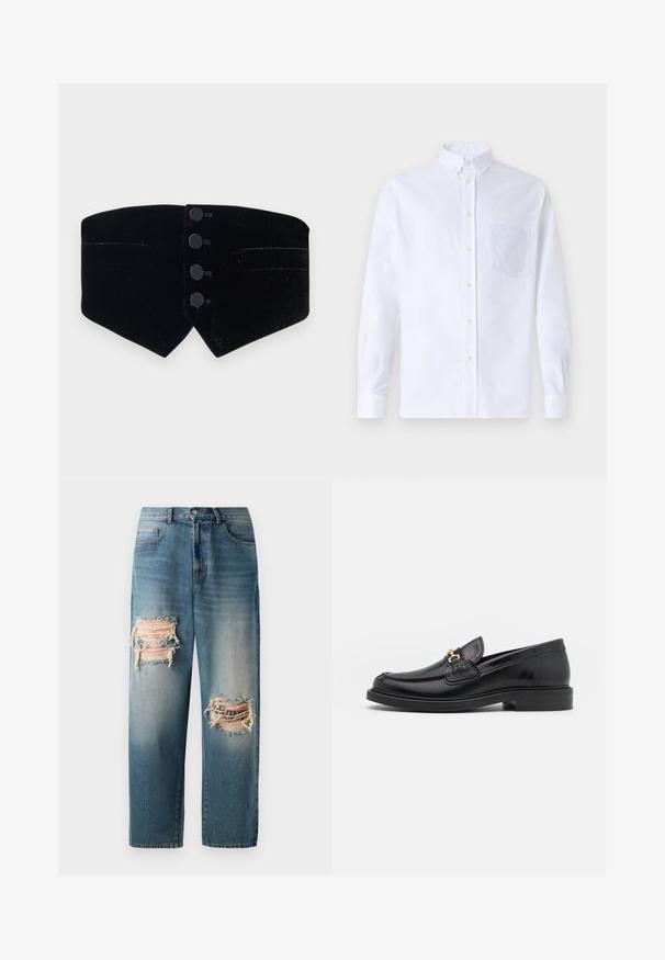 Čierny zamatový golier s priliehavým strihom. Obsahuje štyri čierne gombíky a diagonálny strih, doplnený o jemný lesk a dve malé vrecká.; Biely dlhý rukáv košeľa s gombíkmi vyrobená z bavlny, s náprsného vrecka s tonálnou výšivkou, golierom a gombíkovými manžetami.; Svetlomodré rifľové nohavice s voľným strihom, ktoré majú dva poškodené záplaty na prednej strane s strapcami a vybledlým prádlom.; Čierne kožené loafers so zaoblenou špičkou, s pozlátenými kovovými prvkami a detailným šitím, uložené na nízkej, textúrovanej gumenej podrážke.