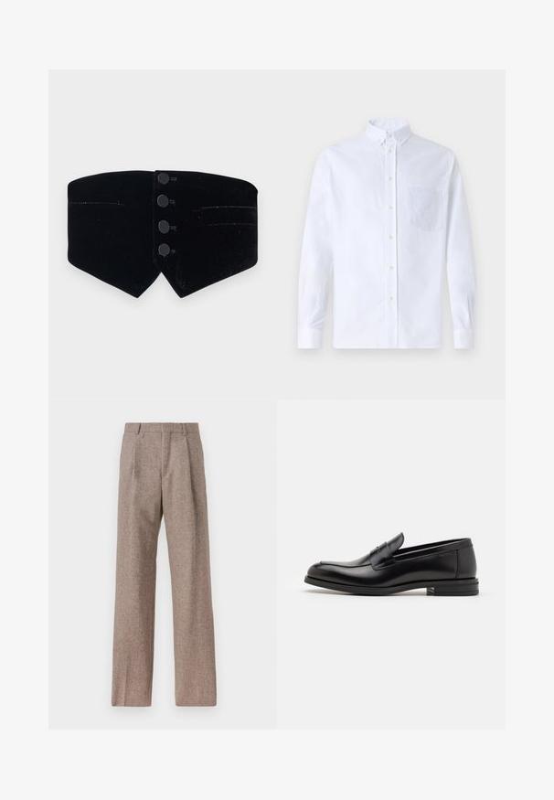 Collo in velluto nero con design aderente. Presenta quattro bottoni neri e un taglio diagonale, completato da una leggera lucentezza e due tasche piccole.; Camicia bianca a maniche lunghe con bottoni, realizzata in cotone, caratterizzata da una tasca sul petto con ricamo tonale, colletto e polsini con bottoni.; Pantaloni marroni a vita alta realizzati in tessuto testurizzato. Presentano gambe ampie e due pieghe frontali per struttura. Rifinitura curata senza hardware visibile.; Mocassini neri in pelle con una texture liscia, punta arrotondata e una striscia decorativa sulla tomaia. Tacco basso impilato, design minimalista.