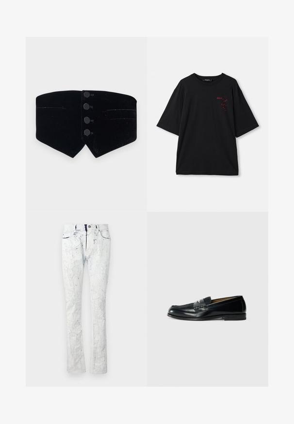 Must mustrist kaelus, millel on kohandatud disain. Omab nelja musta nuppu ja diagonaalset lõiget, mille lõpetab peen sära ja kaks väikest taskut.; Mustmust t-särk, must, lühikeste varrukatega, valmistatud puuvillast. Vasakul rinnal on punane graafiline trükk tekstiga "DSQUARED2" ja "COOL GUY".; Heled sinised teksad, millel on pragude tekstuur, viie taskuga disain, nööbiga kinnitamine ja kerge laiendus allääres. Kulumismärgistused kogu ulatuses.; Mustast nahast loafers, millel on tekstureeritud ülemine osa, punutud aksent ja siledusviimistlus. Madal konts ja minimalistik disain.