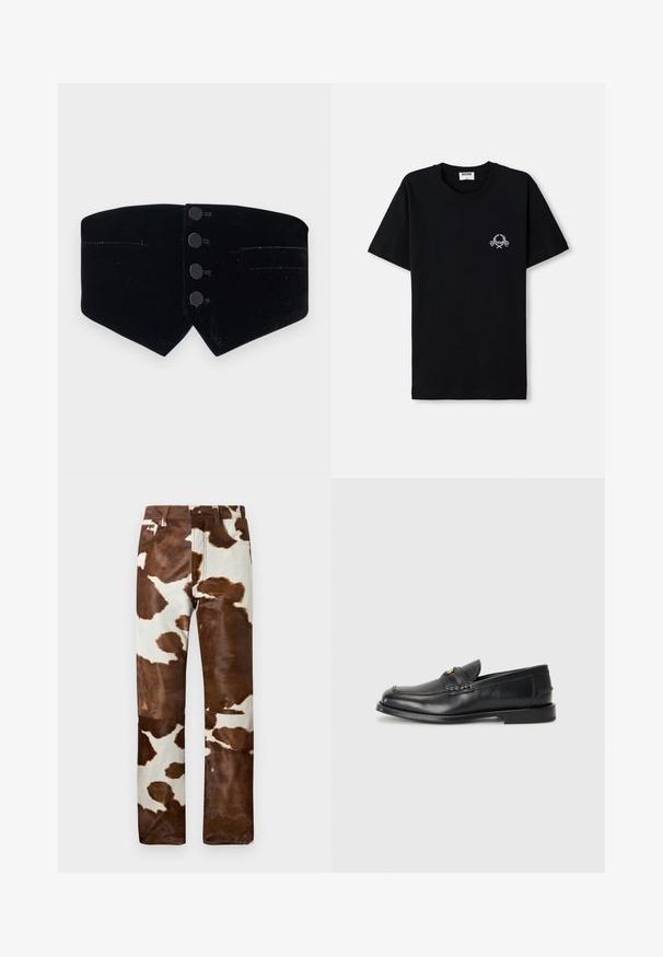 Melnas samta apkakles ar pieguļošu dizainu. Iezīmē četras melnas pogas un diagonālu griezumu, pabeigts ar smalku mirdzumu un divām nelielām kabatām.; Melna kokvilnas T-krekls ar apaļu kakla izgriezumu. Ar mazu baltu grafisku dizainu uz krūšu daļas. Īsas piedurknes un taisna apakšdaļa.; Govs ar govs rakstu apdruku, kas ir brūnā un bēšā toņos. Iekļauj brīvu piegriezumu, izturīgu džinsu materiālu un klasisku piecu kabatu dizainu.; Melnā ādas mokasīni ir ar noapaļotu purngalu, šūšanas detaļām un nelielu zelta akcentu priekšpusē. Zole ir plaka un diskrēta.