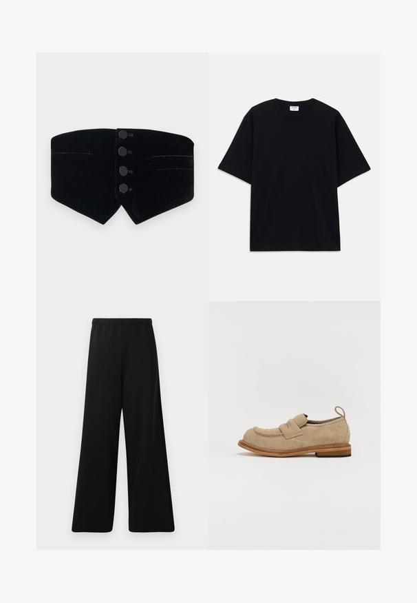 Black velvet collar with a fitted design. Features four black buttons and a diagonal cut, completed with a subtle sheen and two small pockets.; Black short-sleeve oversized T-shirt with round neckline and visible Filippa K brand label inside the collar.; Black wide-leg pants made from soft fabric. Features an elastic waistband, smooth texture, and a simple, modern design without patterns.; Beige suede loafers with a rounded toe, a decorative strap across the vamp, and a stacked wooden heel. includes a rear pull tab.