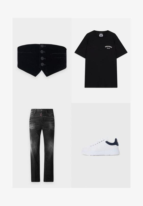 Col montant en velours noir au design ajusté. Comprend quatre boutons noirs et une coupe diagonale, rehaussé d'un léger brillant et de deux petites poches.; T-shirt en coton noir à manches courtes, avec le logo blanc "DSQUARED2 MILANO" sur la poitrine. Design à col rond, texture lisse.; Jean en denim noir avec une coupe droite. Présente des zones décolorées, un léger effet usé, un design classique à cinq poches et une fermeture à bouton.; Baskets blanches avec des accents navy, présentant une texture lisse, un bout rond et une semelle surélevée, ornées d'un logo sur le côté.