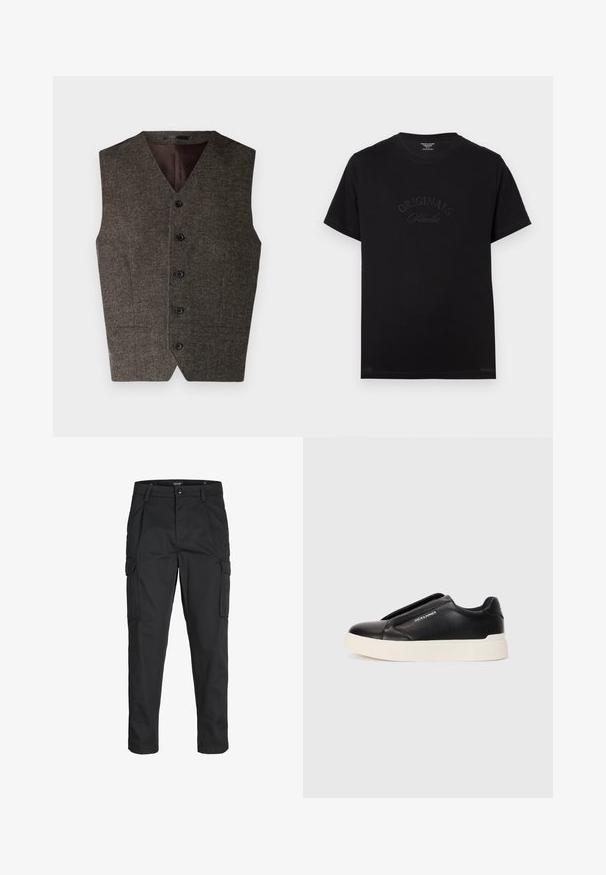 Pruun tweedist vest, millel on V-kaelus, viis musta nööpi ja kaks esist kotti. Interjöör on vooderdatud kontrastse tume kangaga.; Must t-särk lühikeste varrukatega ja ümmarguse kaelusega. Esiküljel on hõbedaselt kirjeldatud "ORIGINALS Studio".; Mustad mustapõlvik, mis on valmistatud tugeva koe kasutades, sisaldab mitmeid taskuid, nupule kinnitatav sulgemine ja kitsenev disain.; Must musta kingad tekstureeritud nahast pealmise osaga, valge kummist tallaga ja nähtamatute paeltega. Küljel on brändi logo.