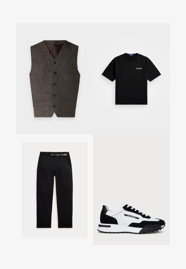 Colete de tweed castanho com decote em V, cinco botões pretos e dois bolsos frontais. O interior é forrado com um tecido escuro em contraste.; T-shirt de algodão preto com decote redondo e mangas curtas. Apresenta o logótipo "POLO SPORT" no lado esquerdo do peito em branco. Ajuste standard.; Calças pretas feitas de um tecido leve, com uma cintura elástica com um cinto verde integrado, corte reto e bolsos laterais.; Ténis com um cabedal em camurça preta e pele branca, apresentando uma sola em borracha preta, atacadores brancos e um logo "POLO SPORT" na lateral.