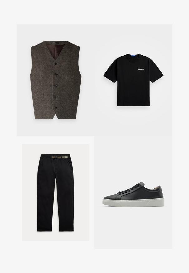 Rjav kompletiček iz tvid materiala z V-izrezom, petimi črnimi gumbi in dvema sprednjima žepoma. Notranjost je obložena z nasprotnim temnim materialom.; Črna bombažna majica s krožnim izrezom in kratkimi rokavi. Na levi strani prsnega dela je belo logo "POLO SPORT". Standardna velikost.; Črne hlače iz lahkega blaga, z elastičnim pasom in vgrajenim zeleni pasom, ravne noge in stranskimi žepi.; Črne usnjene teniske z gladko teksturo, okroglo konico in črnimi vezalkami. Imajo debel bel gumijast podplat s subtilnimi geometrijskimi poudarki.