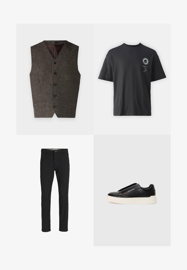 Brązowa kamizelka w materiał w kratę z dekoltem w kształcie litery V, pięcioma czarnymi guzikami i dwiema przednimi kieszeniami. Wnętrze wykończone jest kontrastującą ciemną tkaniną.; Czarny bawełniany t-shirt z krótkim rękawem, okrągłym dekoltem i grafiką słońca i księżyca z napisem "Le Soleil et La Lune."; Czarne spodnie z bawełnianego materiału w slim fit, z zapięciem na guzik, kieszeniami i podwiniętymi mankietami, co nadaje im swobodny charakter.; Czarne trampki wsuwane z teksturowanej skóry, biała gumowa podeszwa i brak widocznych sznurówek. Posiadają logo marki z boku.