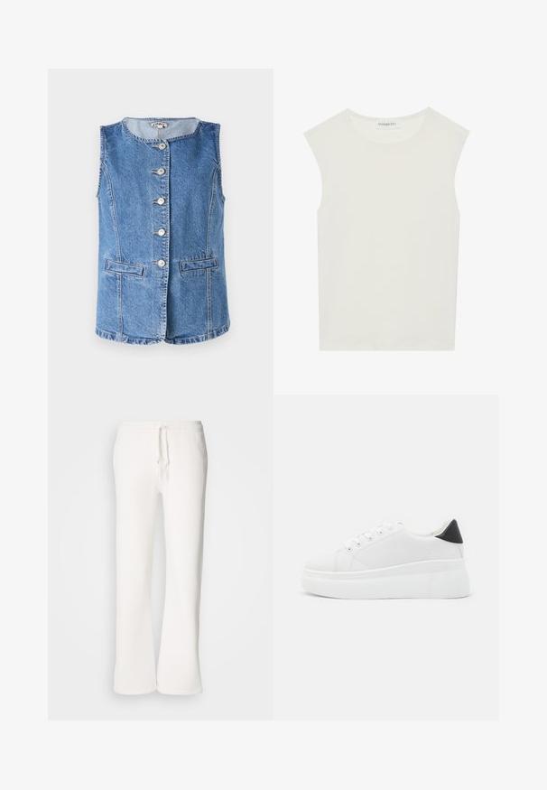 Világos kék farmermel újkora, kerek nyakkal, hat elülső gombbal és két oldalsó zsebbel. Kiválóan kidolgozott részletek és strukturált illeszkedés jellemzi.; Fehér ujjatlan felső, kerek nyakkivágással. Simább anyagból készült, laza fazonnal és minimalista kialakítással rendelkezik. Nincsenek minták vagy díszítések.; Fehér, laza szabású melegítőnadrág, puha anyagból készült, rugalmas derékkal és zsinórral, egyenes szárú kialakítással.; Fehér platform sportcipők sima szintetikus anyagból, lekerekített orral, fűzős kialakítással és texturált gumitalppal. Fekete sarokdísz.