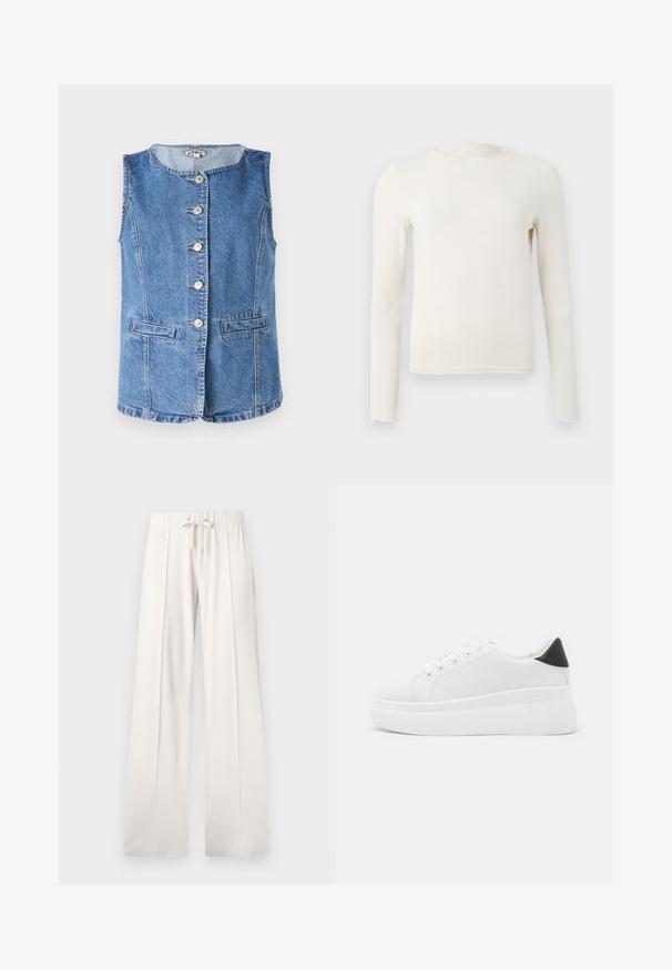 Denim prsluk u svijetloplavoj boji s okruglim izrezom, šest gumba sprijeda i dva bočna džepa. Sadrži prošivene detalje i strukturirani kroj.; Dugi rukav, kremasti uski top s volanima na okruglom izrezu i rubu, prikazan na jednostavnoj svijetlosivoj pozadini.; Svijetlosmeđi dukserice od mekanog materijala, s vezicom u struku, širokim nogavicama i vertikalnim šavovima, s glatkom teksturom.; Bijele platforme tenisice napravljene od glatkog sintetičkog materijala, s okruglim vrhom, dizajnom s vezanjem i teksturiranom gumenom potplatom. Crni detalj na peti.
