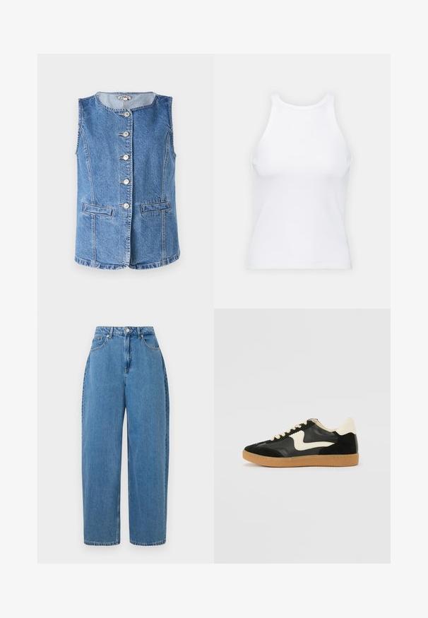 Heleda teksast vesti helesinis värvitoonis ümmarguse kaelusega, kuue esinäpiga ja kahe küljetaskuga. Omab õmblustega kaunistusi ja struktureeritud istuvust.; Valge ilma varrukateta T-särk, mis on valmistatud ribakangast, ümarate kaelustega ja kitseneva siluetiga, minimaalse õmbluste ning ilma kaunistusteta.; Heledad denim püksid, sirge sääre lõikega, kõrge vöökoht ja eesmine nuppe sulgemine. Omab viit taskut ja minimaalseid õmblusdetailide.; Must musta ja nahast sneakersid, millel on koorevärvi külgsuund ja hele koorik. Omab beeži paelu ja kummi kummist välistalla.