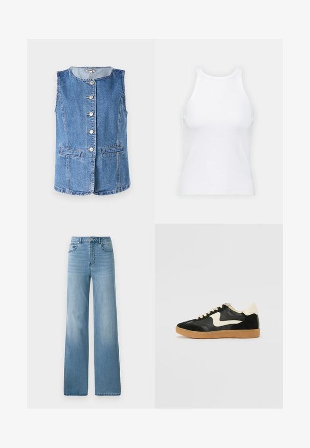 Gaiši zila džinsu veste ar apaļu kakla izgriezumu, sešām priekšējām pogām un divām sānu kabatām. Iezīmēts ar izšūtu detalizāciju un strukturētu piegriezumu.; Balta bezpiedurkņu topiņš no ribotā auduma, ar noapaļotu kakla izgriezumu un pieguļošu siluetu, ar minimālām šuvēm un bez rotājumiem.; Gaiši zili augstās jostas bikses ar taisnu kāju dizainu. Izgatavotas no denima, ar piecām kabatām un pogu aizdari.; Melna zamšāda un ādas sporta apavi ar krēmkrāsas sānu svītru un gaiši krēmkrāsas papēdi. Ar beigu krāsas auklām un gumijas zole.