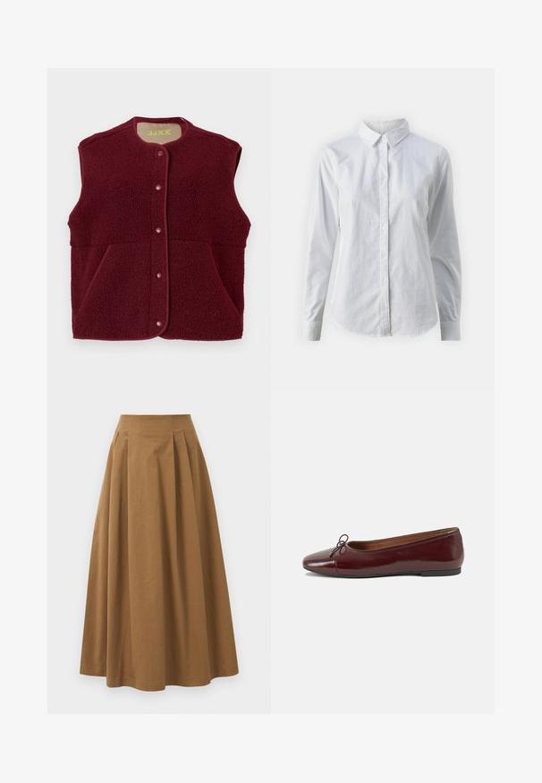 Burgundy ärmlös fleeceväst med tryckknappar framtill och två framfickor, rund halsringning.; Vit skjorta med knappar, tillverkad av mjuk bomull, med klassisk krage, långa ärmar och en böjd fåll. Knapparna är små och vita.; Brun bomull A-linje kjol med hög midja, med veck ned längs framsidan och en mjuk textur. Sömmen är ren och enkel.; Burgunderfärgad lackläderballettskor med rund tå, liten rosettdekoration fram och en låg, svart gummisula. Slät textur.