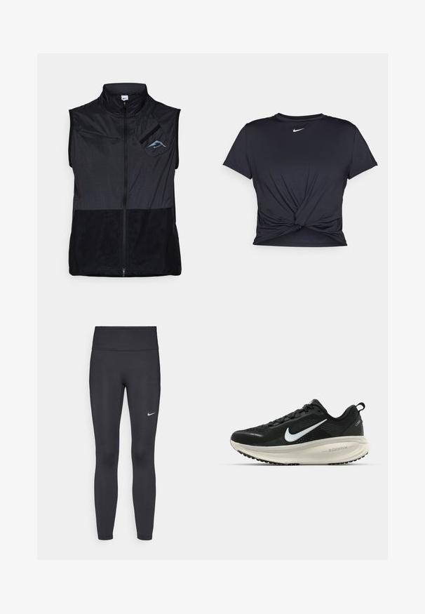 Schwarze ärmellose Weste mit hohem Kragen, aus leichtem Material gefertigt. Verfügt über einen Reißverschluss und eine linke Brusttasche mit blauer Logo-Akzentuierung.; Schwarzes Sport-T-Shirt aus glattem Stoff, mit einem geknoteten Vorderdesign und einem kleinen weißen Nike-Logo auf der Brust.; Schwarze Leggings aus elastischem Stoff, mit einem hohen Bund und einem weißen Nike-Logo auf dem linken Oberschenkel. Glatte Textur, figurbetontes Design.; Schwarzer Nike-Laufschuh mit atmungsaktivem Mesh-Obermaterial, weißem Swoosh-Logo, strukturierten Details und einer cremefarbenen ZoomX-Zwischensohle.