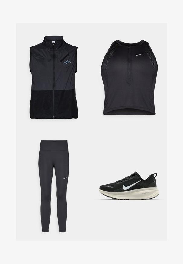 Mustat hihattomat liivit, joissa on korkea kaulus, valmistettu kevyestä kankaasta. Varusteena vetoketjukiinnitys ja vasemmalla rintatasku, jossa on sininen logo.; Musta urheilullinen crop-top, jossa on vetoketjukiinnitys, verkkokankaiset yksityiskohdat ja istuva malli. Valmistettu joustavasta ja hengittävästä kankaasta. Nike-logo edessä.; Mustat leggingsit joustavasta kankaasta, joissa on korkea vyötärö ja valkoinen Nike-logo vasemmassa reidessä. Sileä pinta, muotoaan myötäilevä suunnittelu.; Mustat Nike-juoksukengät, joissa on hengittävä verkko-osa, valkoinen swoosh-logo, teksturoitu yksityiskohtaus ja kermaisen värinen ZoomX-välipohja.
